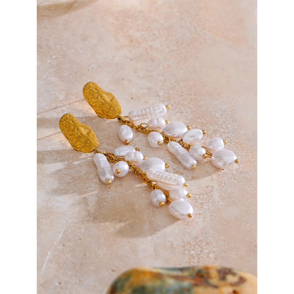 Yhpup الباروك مقلد اللؤلؤ شرابة سلسلة طويلة إسقاط أقراط الذهب اللون الفولاذ المقاوم للصدأ اليدوية الكورية اليومية مجوهرات النساء #2