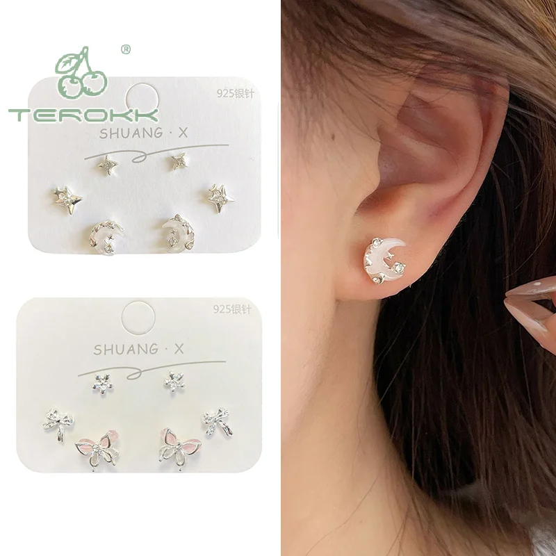 6Pcs/set Fashion Crystal Star Moon Stud Earrings For Women Sweet Temperament Butterfly Earring Party Jewelry Accessories Gift