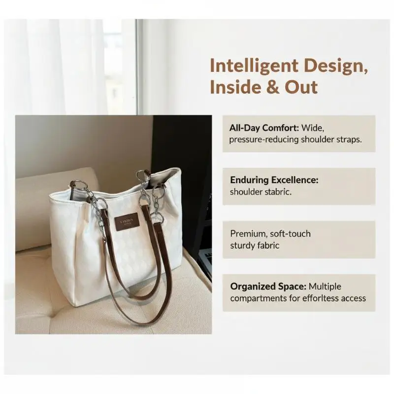 Women Embossed Argyle Tote Bag Large Capacity Multi-Compartment Commute Shoulder Handbag for Office Business Short Trips
