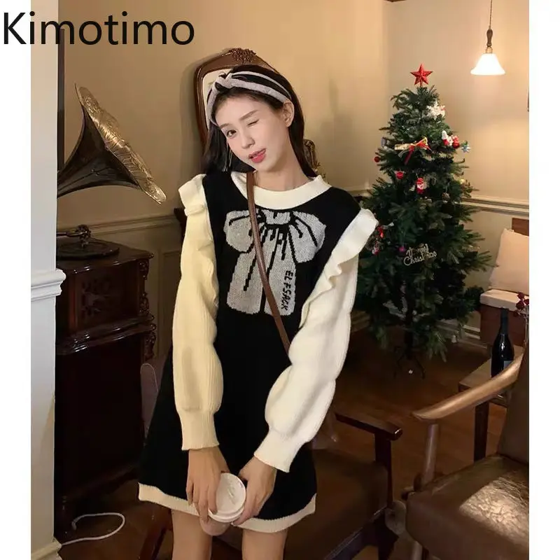 Kimotimo Cute Bow Printed Knitted Dress Women 2024 Autumn Winter Color Contrast Spliced Ruffled Long Sleeve Slim Short Dresses