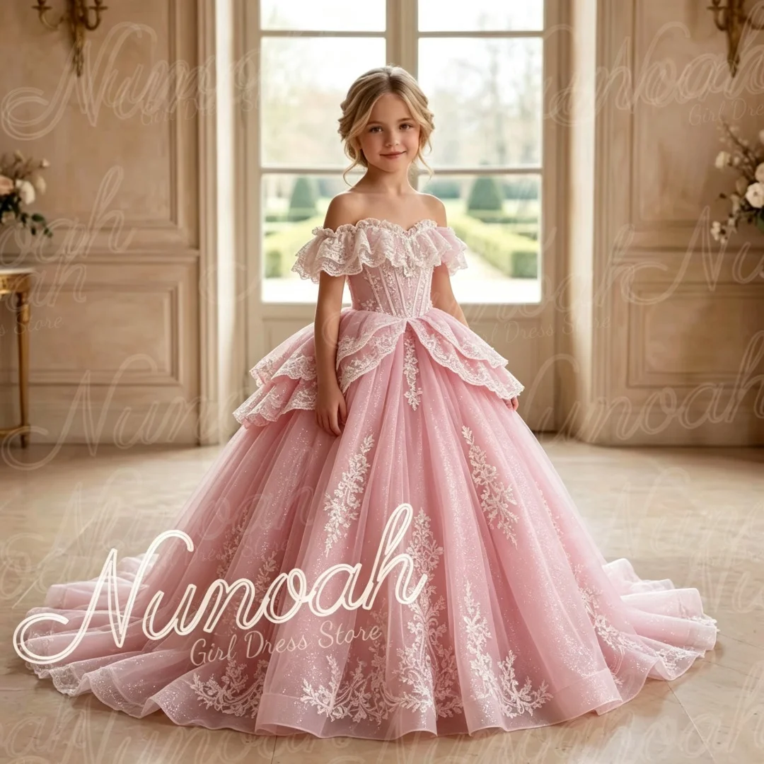 Pink Ruffles Sleeves Flower Girl Dresses  Lace Appliques Floor Length Princess Kids Birthday Pageant Gown First Communion Gowns