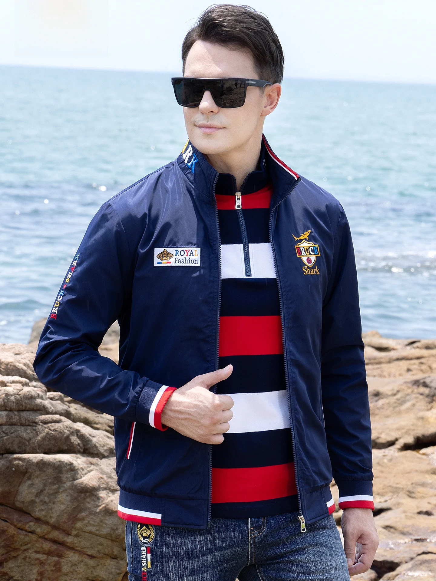 

Fall 2024 Men's Loose Fit Spor Jaet Bruce & ark Brand Faionable Outerwear Long Sve Zipper Closure Windproof Polyester