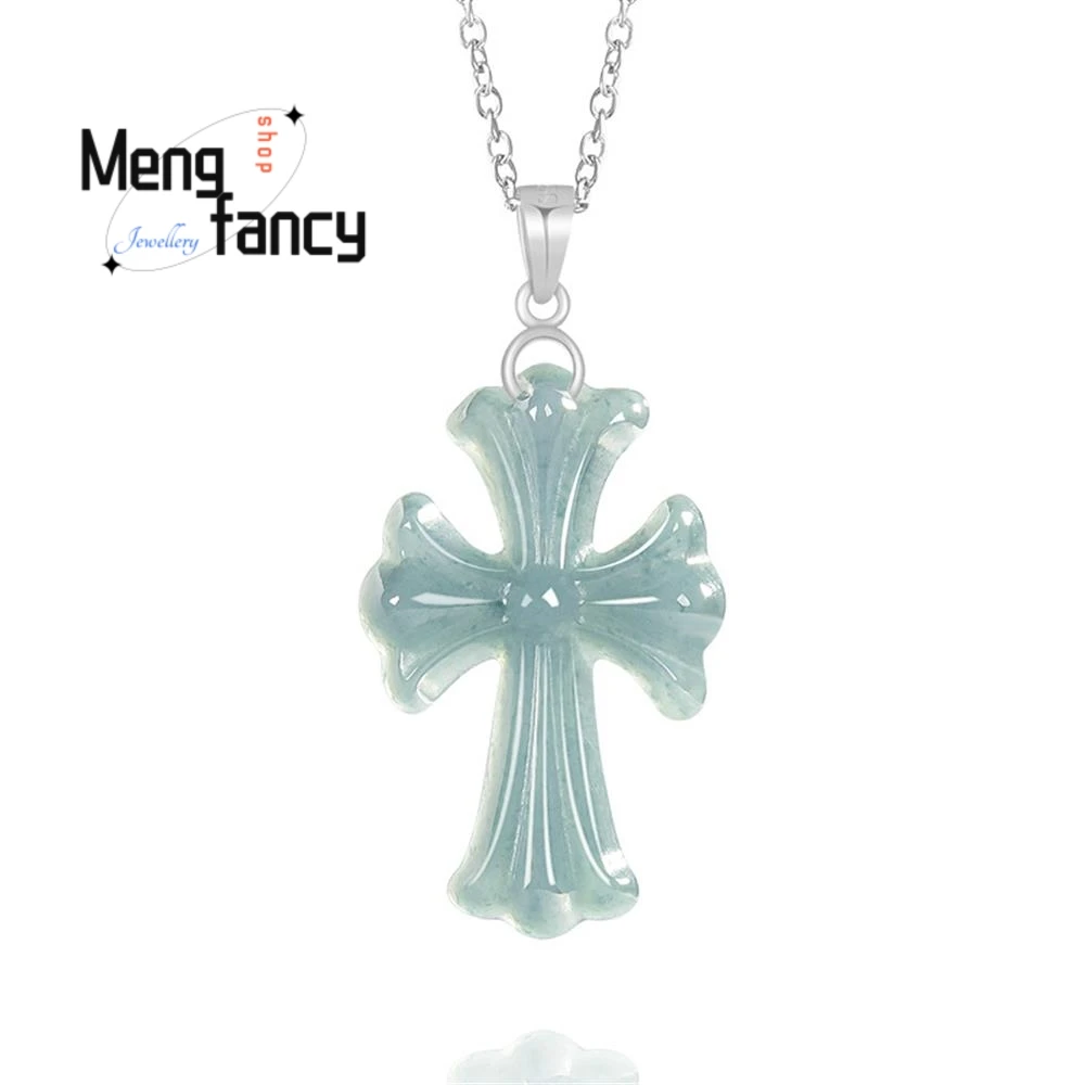 

Natural A-grade Jadeite Blue Water Cross Jade Pendant Exquisite Fashion Jewelry Mascots Best Selling Couple Popular Holiday Gift