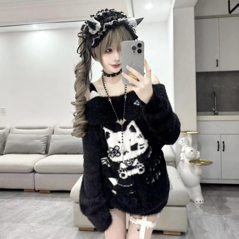 Subculture Long Sleeve Sweater Sweet Cat Cartoon Embroidery Slash Neck Pullover Women Casual Cute Japanese Knitwear Slim 2025