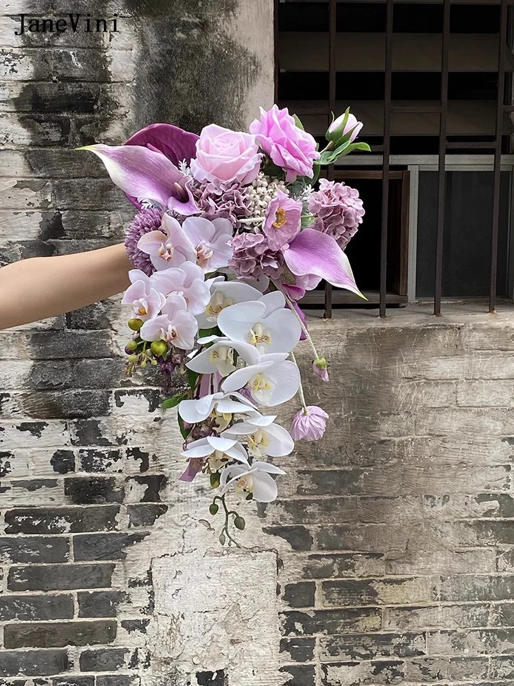 JaneVini Luxury Purple Waterfall Bridal Bouquets Artificial Silk Flowers Moth Orchid Cascading Bride Bouquet Wedding Accessories