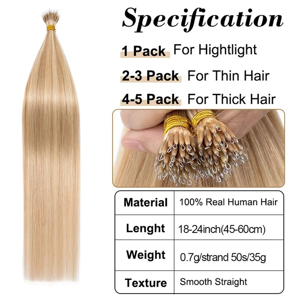 0.7g/strand Nano Rings Hair Extensions Nano Tip Human Hair For Women Cold Fushion Straight Nano Loop Micro Beads Hair Extensions