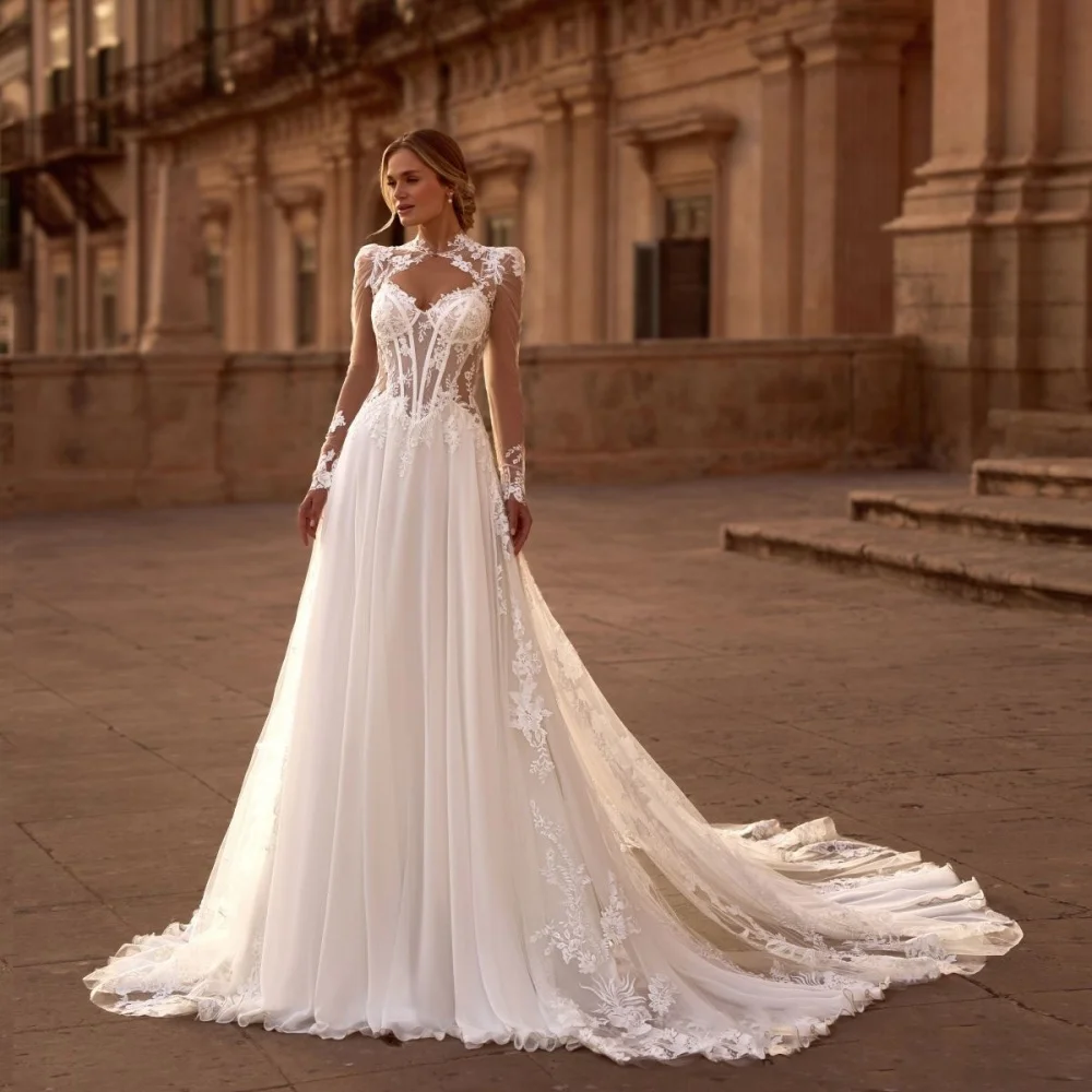 

Customized Tulle Zipper Wedding Dresses High Neck For Women Charming Simple Lace Applique Bridal Gowns Vestidos De Novia