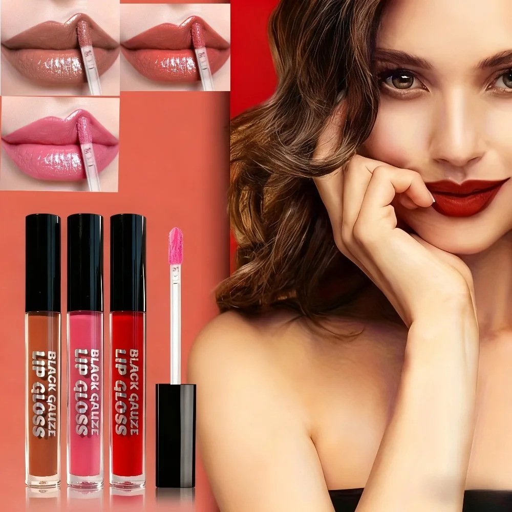 3-Color Black Gauze Lip Gloss - Shiny Glitter Lip Gloss, Long-Lasting Moisturizing Lip Gloss (Brown/Pink/Red) for Lips