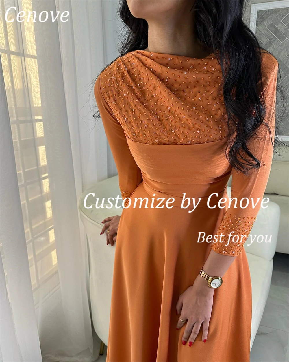 Cenove Long Sleeves A-Line Evening Gown Formal Princess O-Neck Beaded Prom Orange New Party Dresses for Women 2023