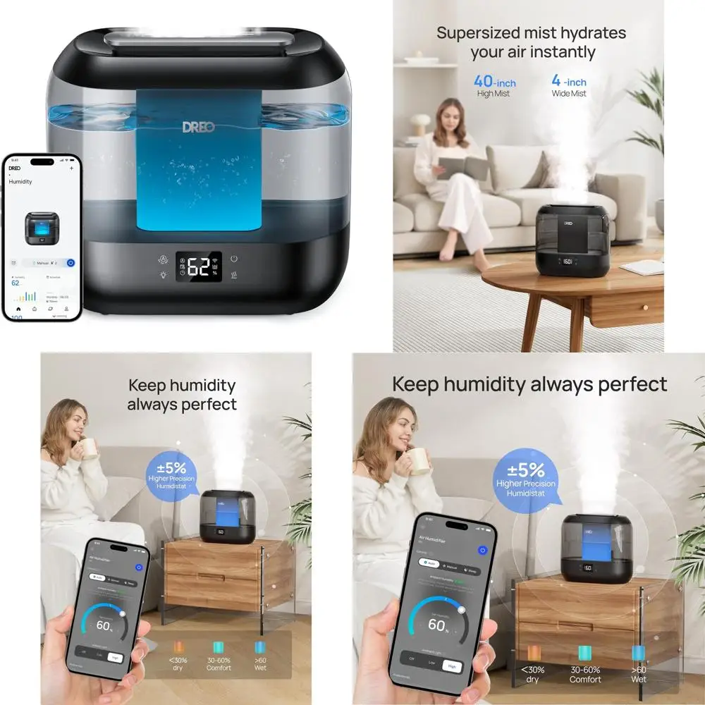 

Увлажнитель воздуха Top-Fill 4 л для больших помещений, 28 дБ, 36 часов работы, управление сенсорным экраном/через приложение/голосовое управление, ночник, холодный туман для детей и растений