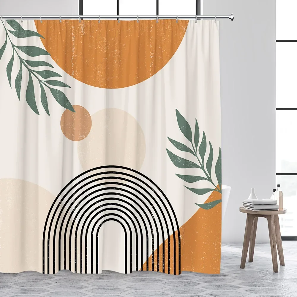 Boho Green Shower Curtain Abstract Mid Century Leaf Plant Botanical Palm Curve Minimalist Bathroom Home Decor Polyester Fabric