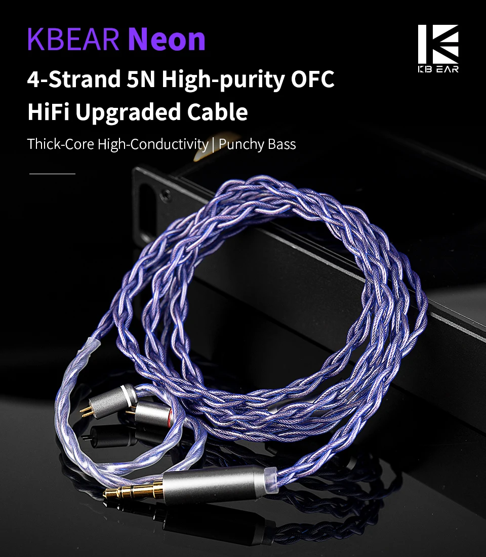 KBEAR Neon 4-Kern Hochreines OFC HiFi Kopfhörerkabel mit Vierfach-Querschnitt-Struktur, IEM-Kabel 3,5/4,4mm Symmetrisches Austauschbares Kabel – Detail 1