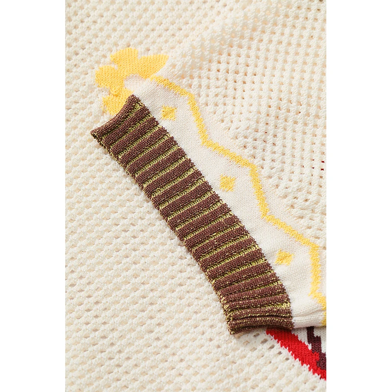ELFSACK Women's Crochet Knitwear with Heart Animal Pattern, Short Sleeve Color Block Trim Top, Casual Retro Tee for Summer view 5