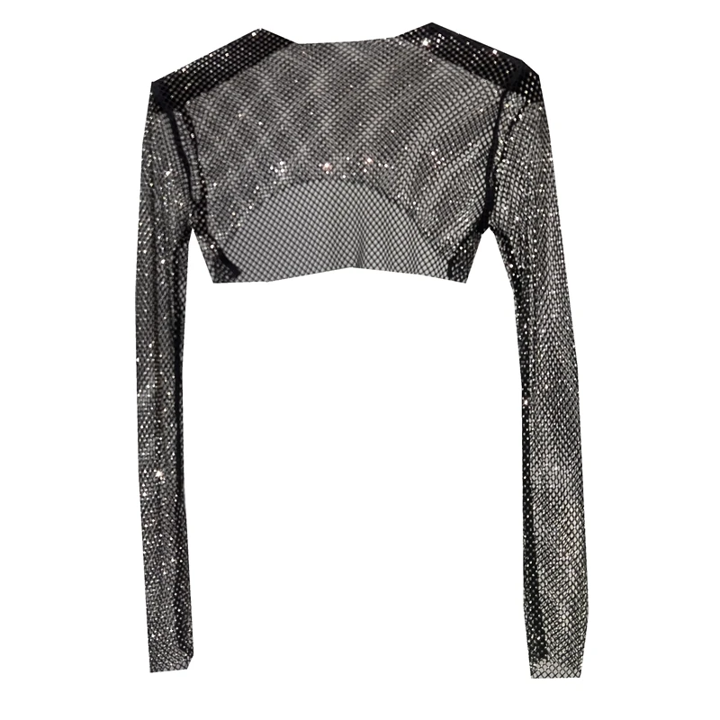 2023 Fashion New Sexy Crystal Short T-shirt Versatile Mesh Canvas Shiny Long Sleeve Top Party Time Wear Club Women\'s