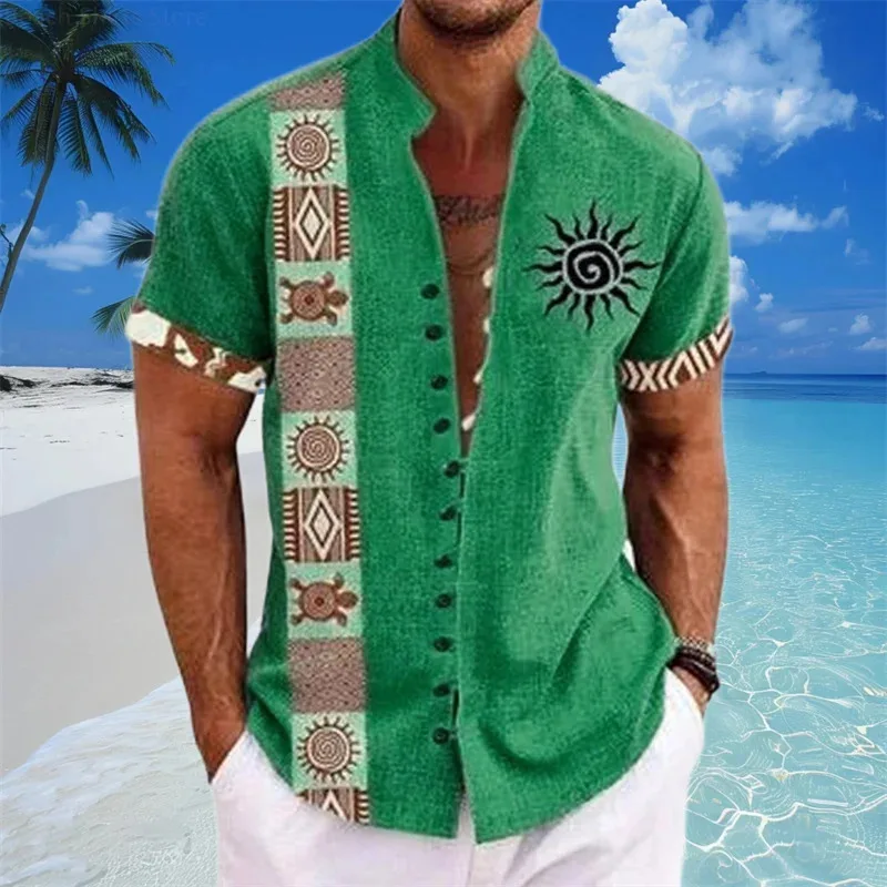 New men's linen short-sleeved shirt, fashionable retro style, ethnic totem printing, comfortable and breathable, men's tops