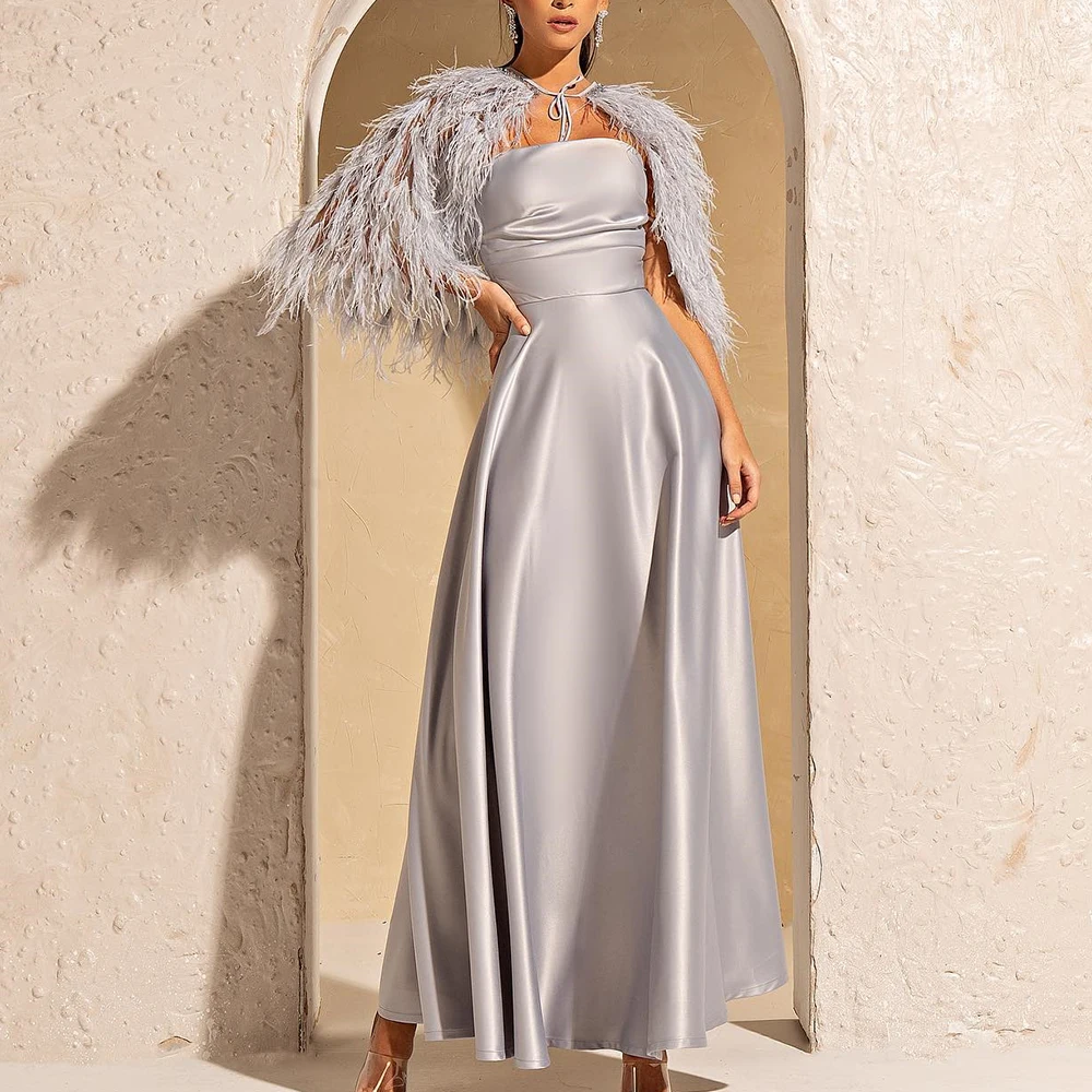 

Customized High Quality Feathers Satin Shawl Evening Dress Fashion Strapless A-Line 3/4 Sleeves Ankle Length Vestidos De Fiesta