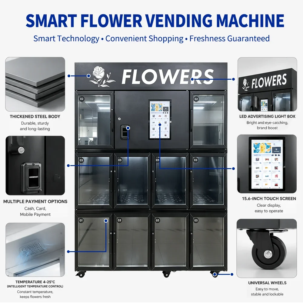 Smart Refrigerated Flower Vending Machine 32 Inch Touch Screen Automatic Fresh Bouquet Dispenser with LED Display