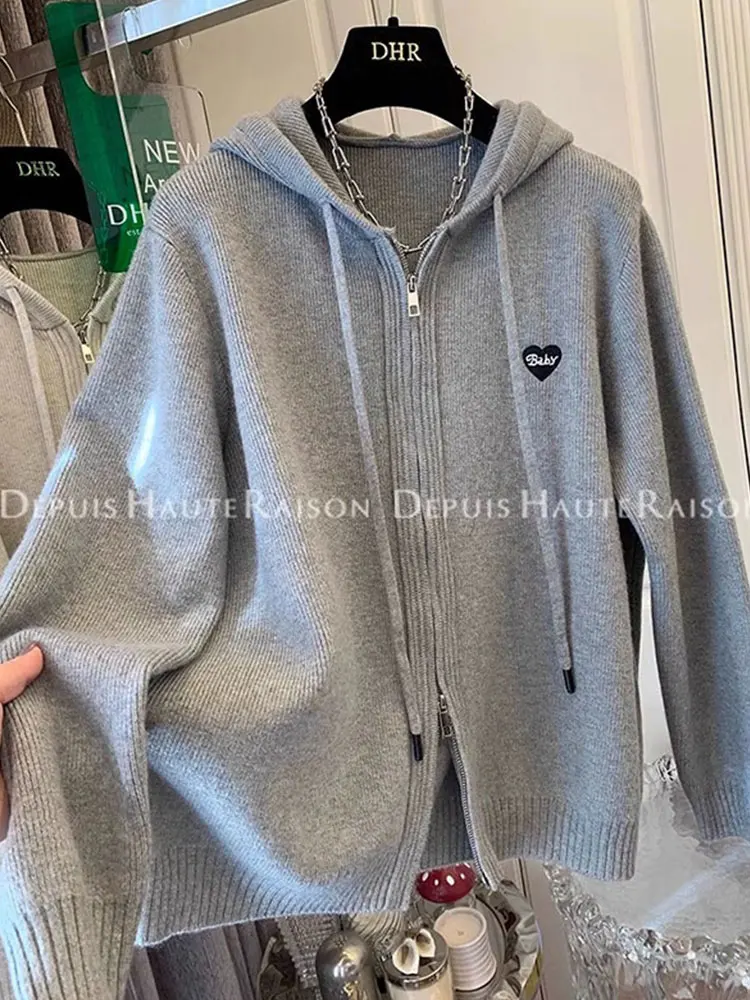 Soft Cozy Heart Zipper Hooded Knitted Cardigan Women's Loose Casual Long Sleeve Top Elastic Waist Slimming Outerwear Sweater
