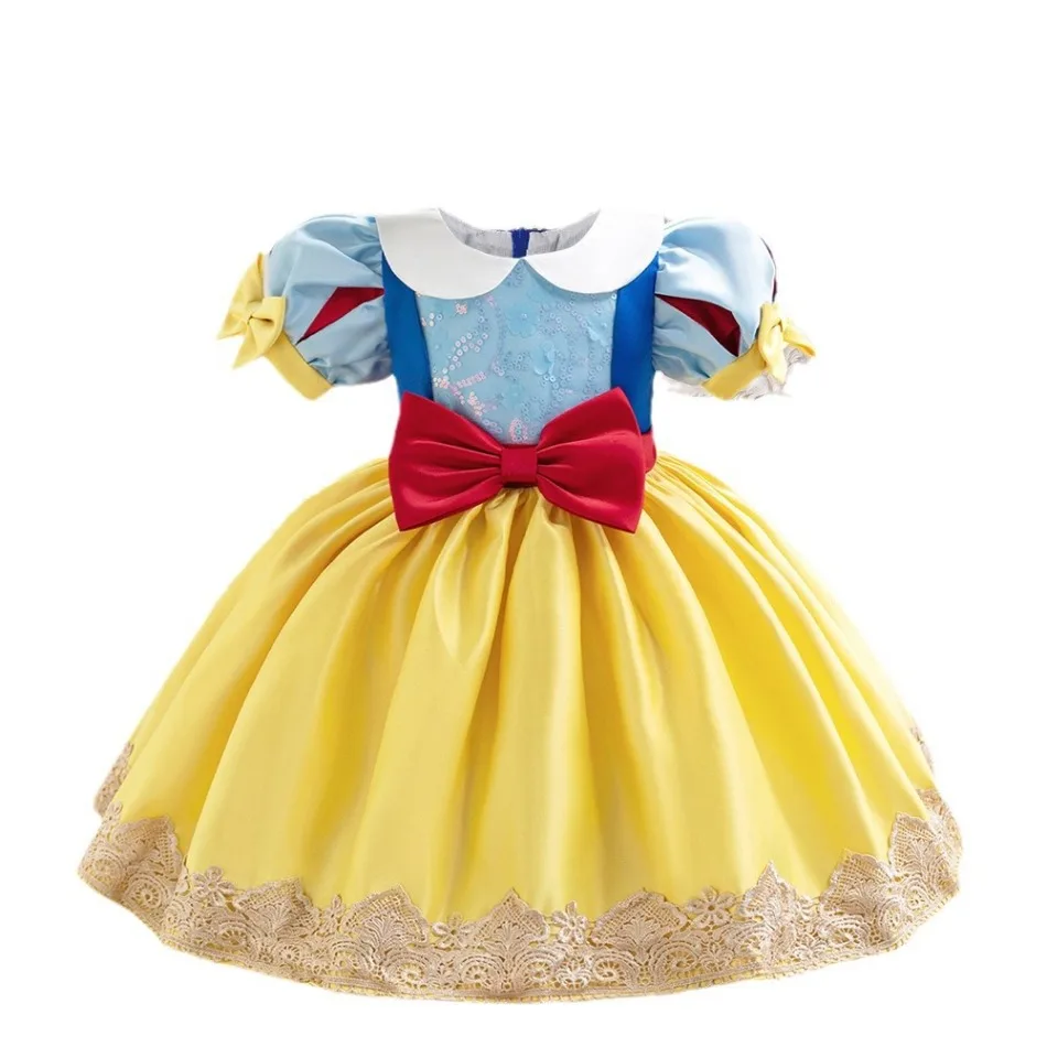 Girls Snow White Princess Costume Short Sleeve Bow Lace Hem Ball Gown Kids Birthday Party Halloween Stage Fancy Dress ASQ03 view 5