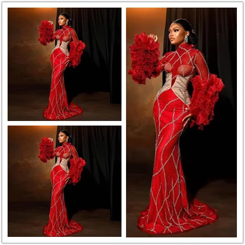 

2025 New Lace Mock Mermaid Prom Dresses Luxury Long Prom Gowns Beautiful Red African Beaded Ruffles Tulle Flare Sleeves