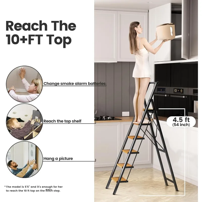 6 Step Ladder for 12 Ft High Ceiling, Folding Step Stool with Handgrip & Anti-Slip Wide Pedal, Portable Lightweight Aluminum