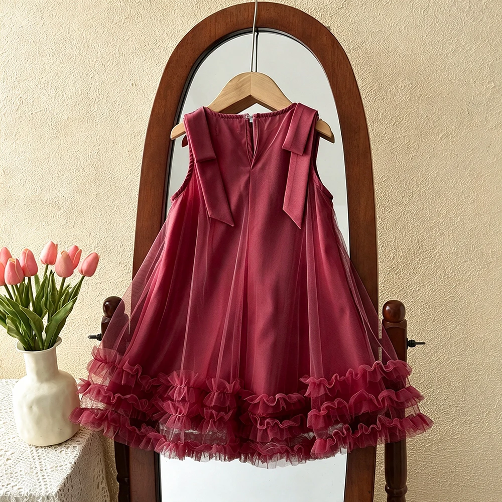 Red Bow Mesh Spliced Princess Dress Summer Sleeveless Children's Clothing Korean Version Sweet and Cute New Year Girls' Dresses