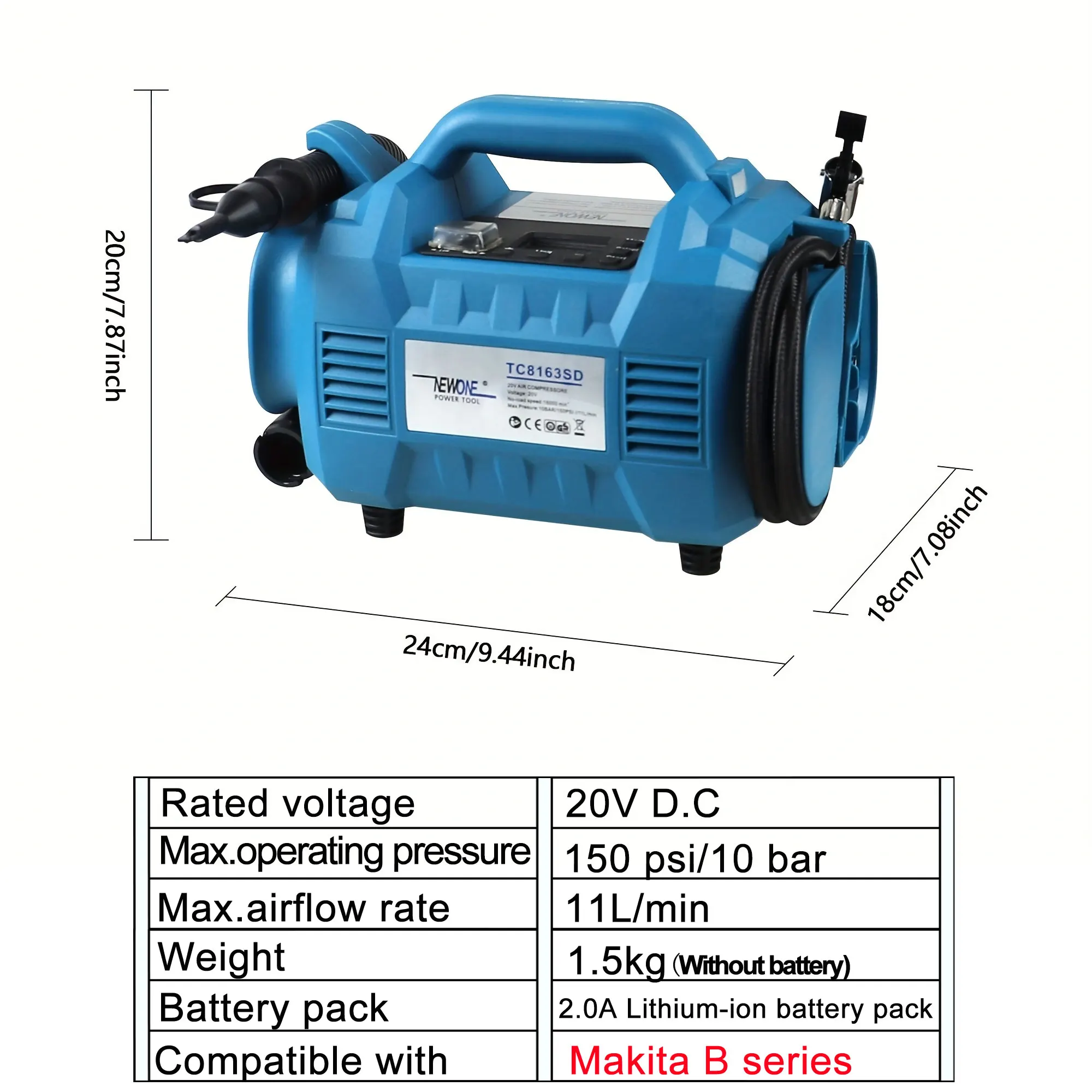 NEWONE-Inflator pneu portátil para Makita Bateria, Compressor de ar, Pneu de carro, Multi Power Supply, sem fio, 20V DC, 150PSI, 18V