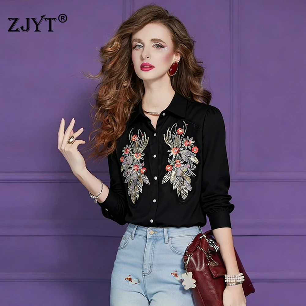 

ZJYT Beading Sequined White Satin Blouse for Womens Elegant Long Sleeve Korean Style Loose Shirt Tops Casual Daily Office Lady