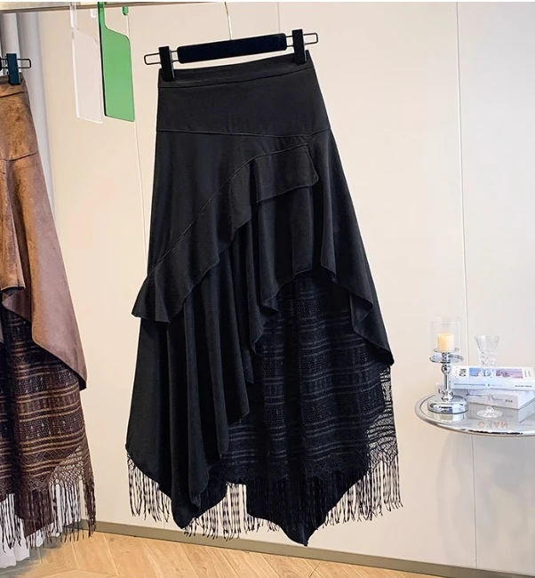 تنانير نسائية كبيرة الحجم للخريف جديدة غير منتظمة بشراشيب تنانير كبيرة متأرجحة لتقليل العمر على شكل حرف a تنانير شارع متعددة الاستخدامات #2