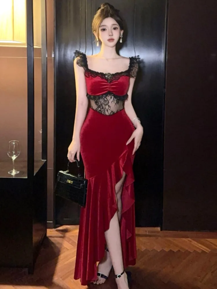 

Sexy Velvet Womens Dresses Elegant Lace Patchwork Hollow Out Bodycon Evening Party Dress Summer Female Slim Split Vestidos Mujer