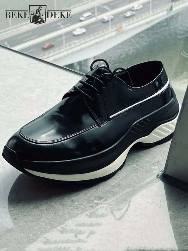 High Street Mens Casual Shoes Round Toe Cowhide Genuine Leather Sneakers Lace Up Fashion Platform Shoes Male Trainers Size 45