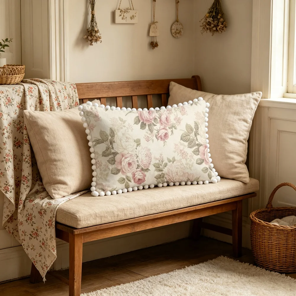 1PC Cream Background with Soft Pink Peonies and Grey Green Leaves, Watercolor Misty Floral Long Pillow Cover with Pom Pom Trim