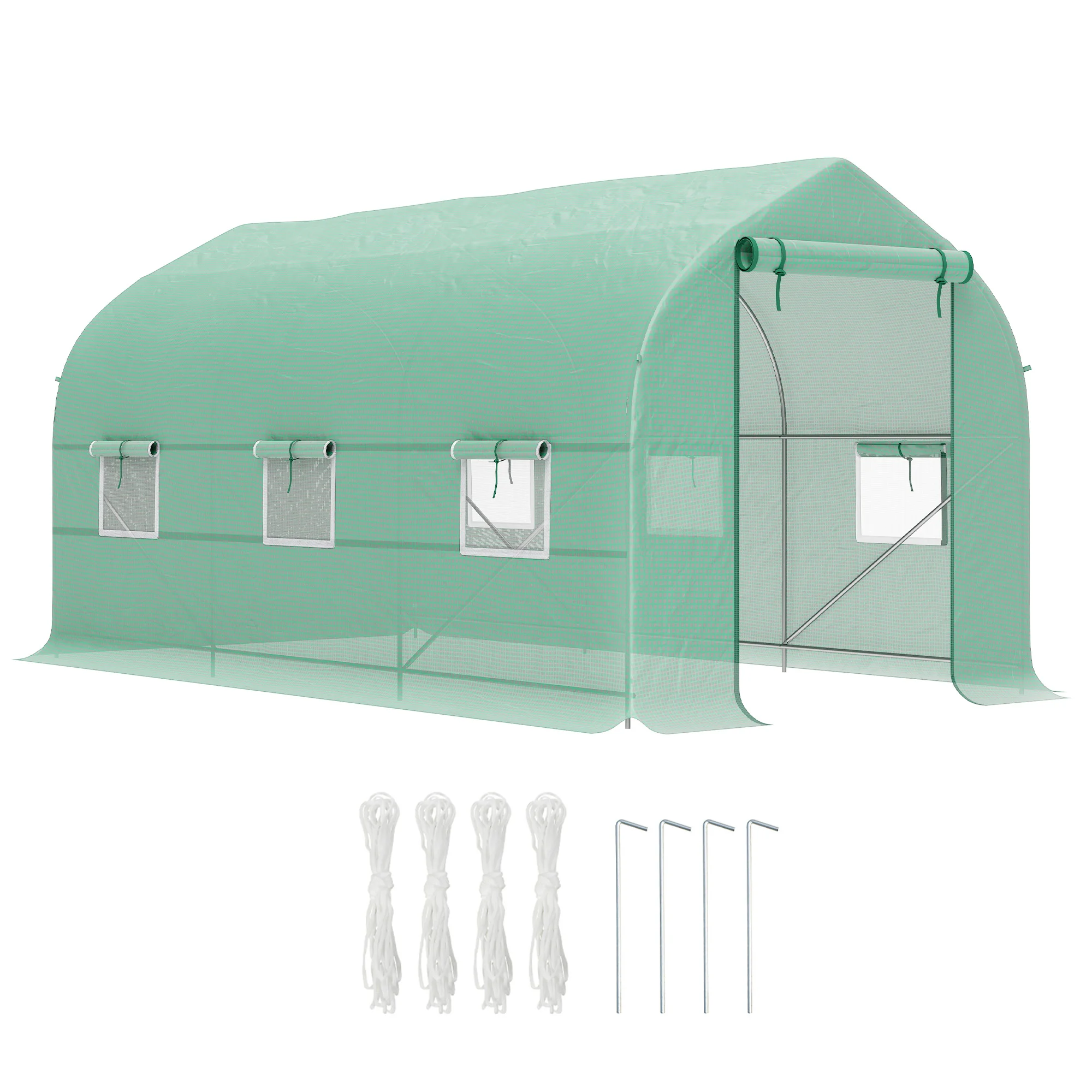 Outsunny kas-tuinbuitentunnel 8m², tunnelkas 400x200x cm met 1 deur en 6 ramen, voor buiten, alle seizoenen, groenten, fruit, bloemen, zeil PE hoge dichtheid 140g/m² Groen