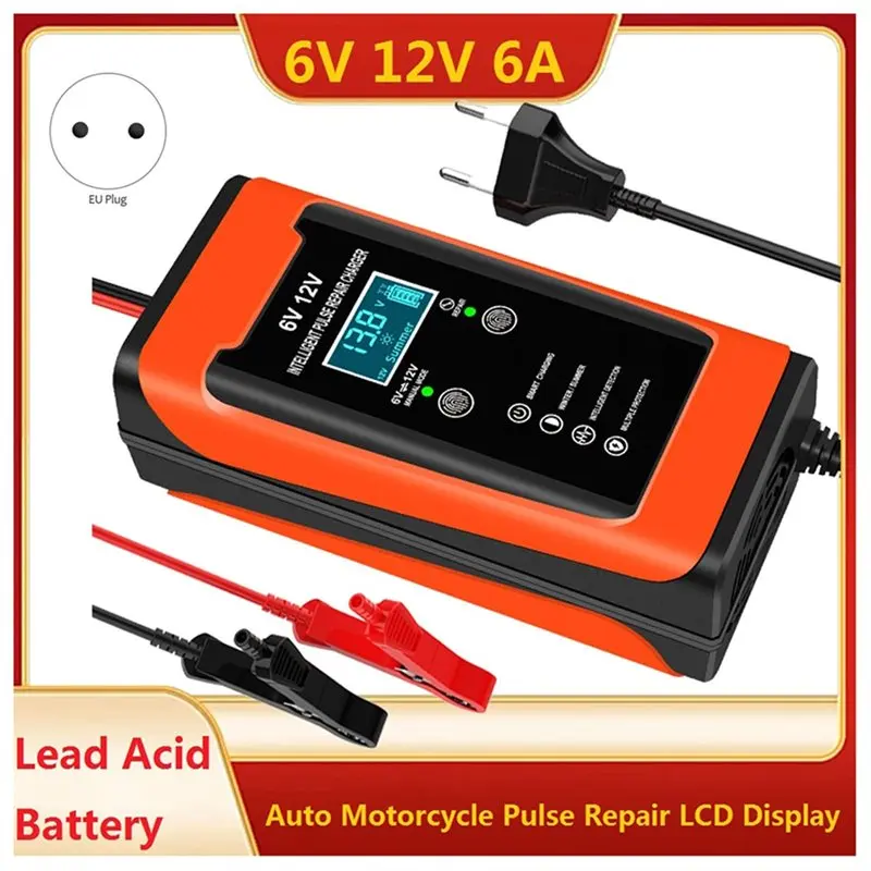 EU Plug 6V 12V 6A Smart Fast Charge Auto Motorcycle Car Battery Charger Pulse Repair LCD Display Cycle GEL Lead-Acid Charger