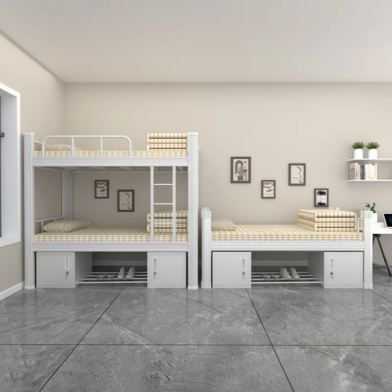 

Double wrought iron upper and lower beds Upper and lower bunks Student steel frame High and low beds Double staff iron frame bed