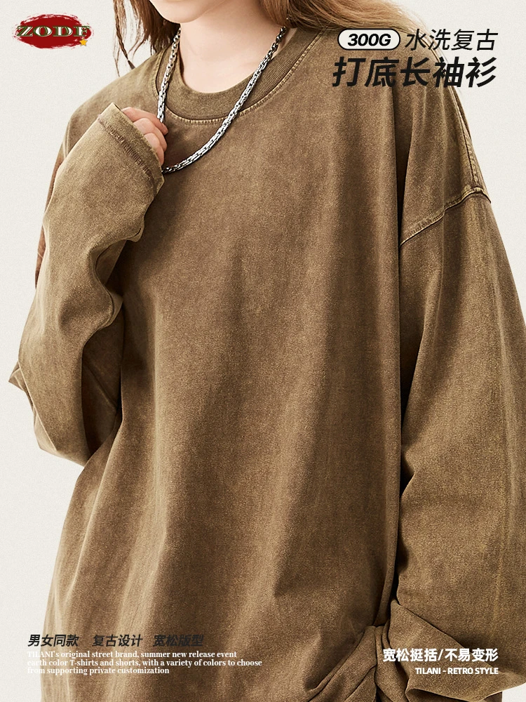 ZODF Retro Autumn Men Washed 300gsm Cotton T-Shirt Vintage Unisex Oversized Long Sleeve O-Neck T Shirt Tees Brand Tops HY0963