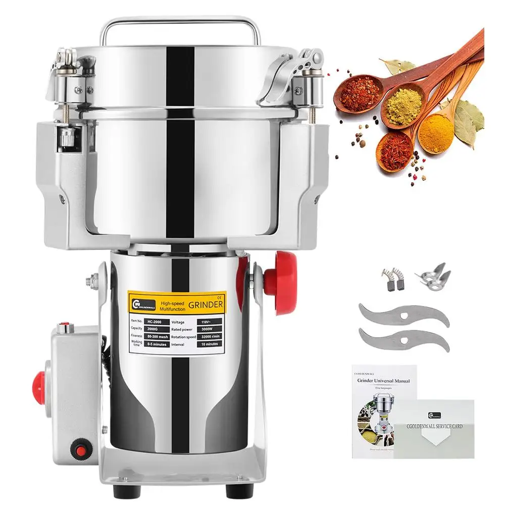 High Speed 3600W Commercial Grinder 2500g Capacity Swing Type Electric Spice Grain Wheat Flour Mill Safety Design 3-Layer Blades