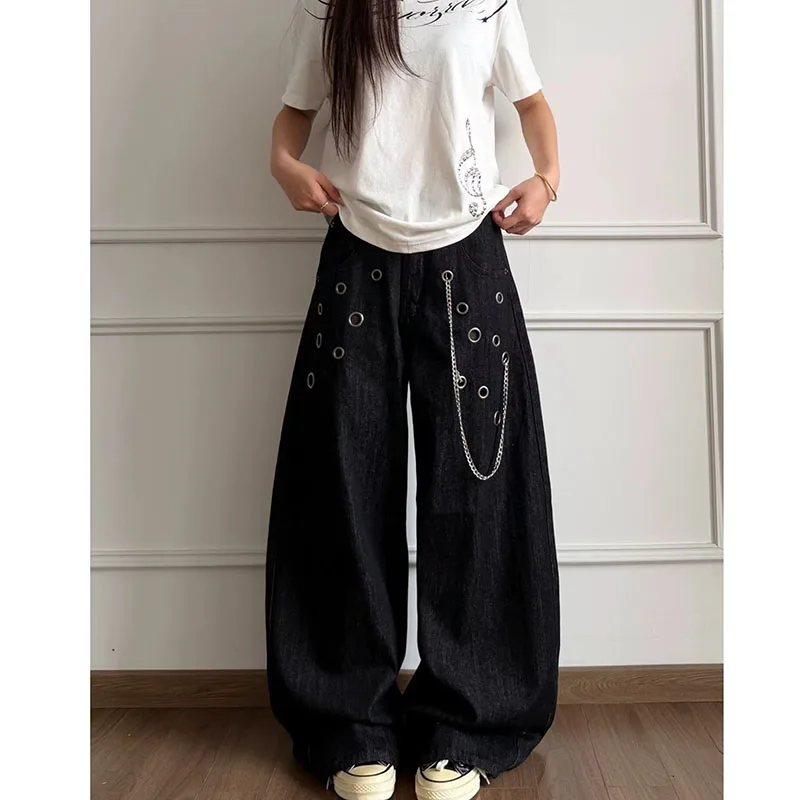 Women Vintage Rivet‑Chain High‑Rise Washed Distressed Jeans Lady Summer Loose Versatile Straight‑Leg Denim Long Trousers