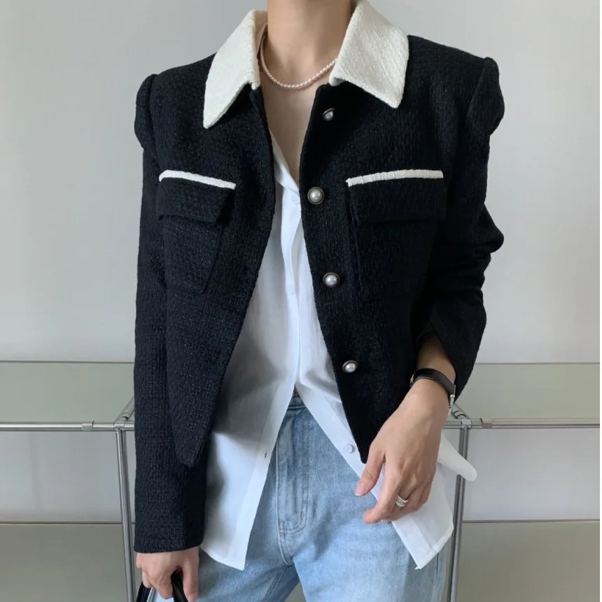 Korean Style Long Sleeve Woolen Coat with Check Design Casual Fashion Lapel Multiple Pockets Color Block Ladies Outerwear
