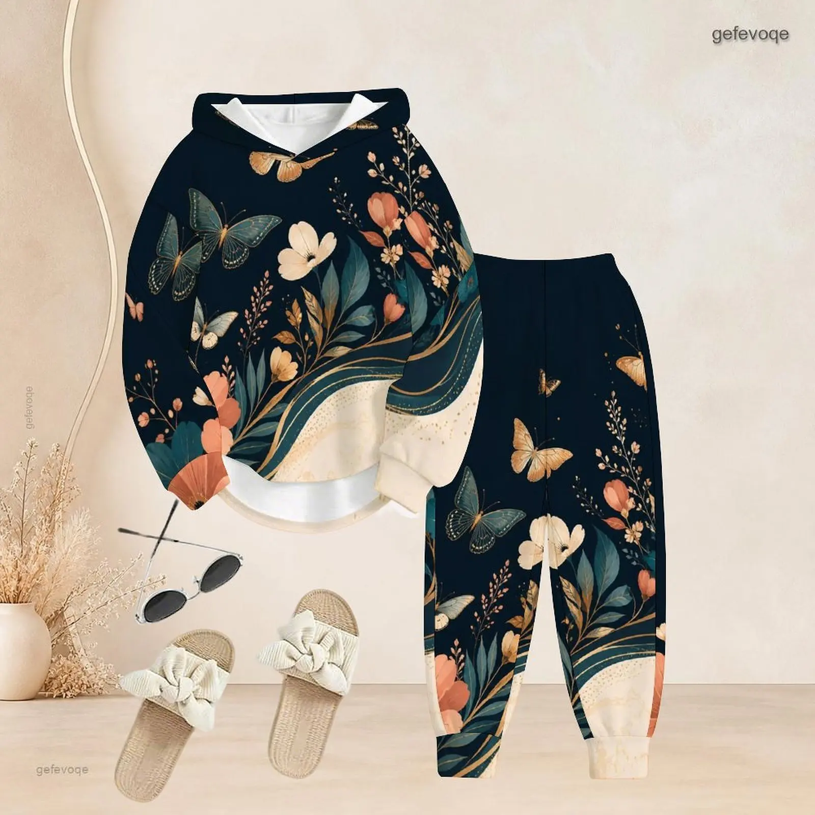 Women Printed Pants Set Long Sleeve Hooded Top Cuffed Pants Two Piece