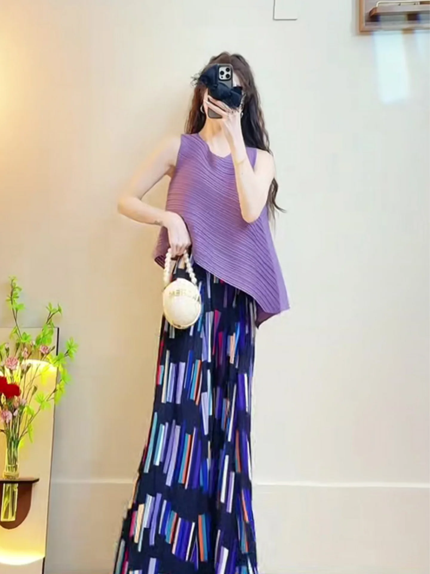 

High Waist Asymmetrical Design Sleeveless Women's Vest Top And Long Pants Set Crinkled Texture Loose Fit Summer Fashion