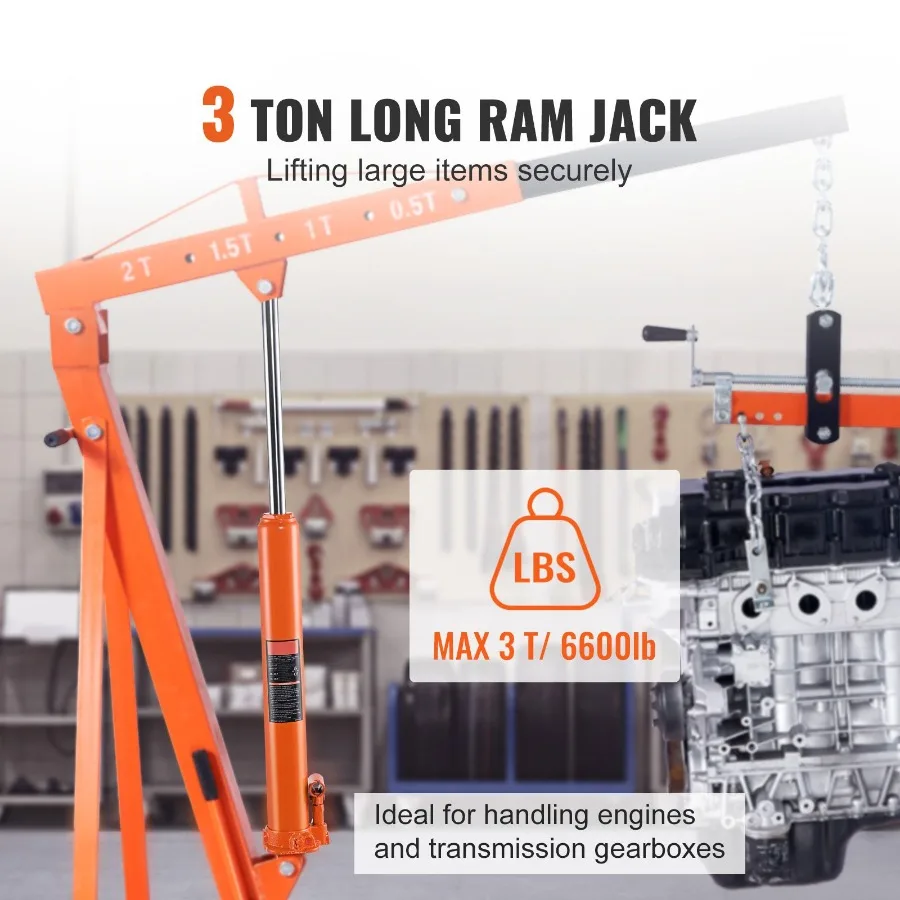 

Hydraulic Long Ram Jack 3 Ton Engine Hoist Cylinder with Single Piston Pump and Clevis Base for Garage/Shop Cranes Mechanical F
