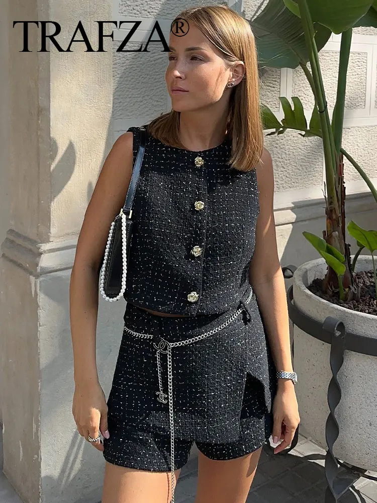 TRAFZA 2024 Female Set Black O-Neck Sleeveless Button Single Breasted Waistcoat+High Waist Belt Shorts Summer Suit Woman Trendy