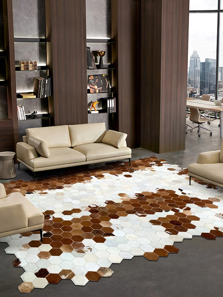 Handmade Real Cow Leather Stitching Carpet Living Room Genuine Cowhide Coffee Table Mat Study Cloakroom Bedroom Rugs Customize