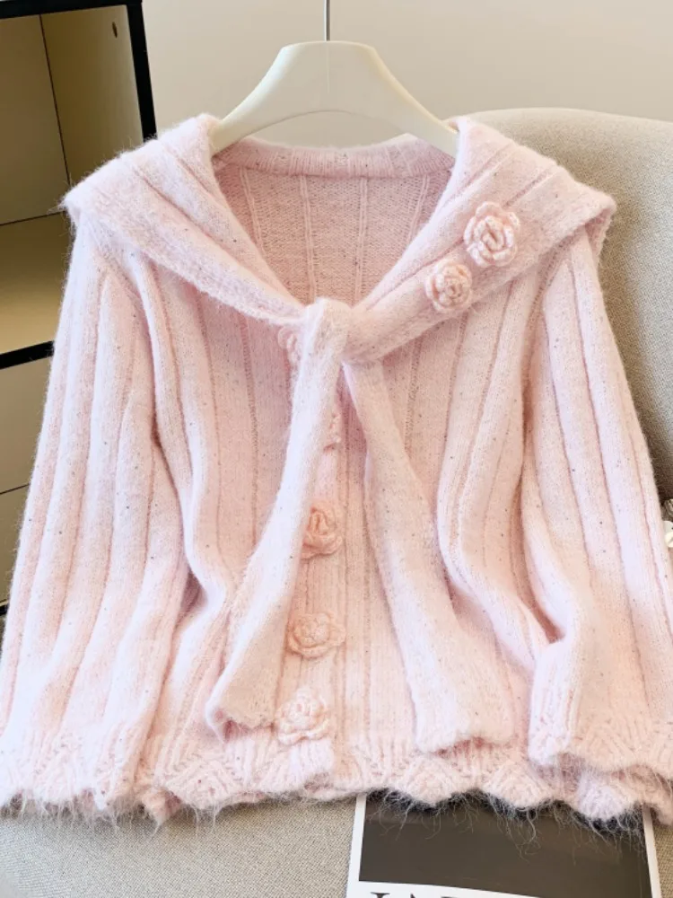 

Вязаный шило с 3D цветком, темно-синий свитер с воротником, пальто, женское осенне-зимнее новое молодежное вязаное открытое кардиган, корейский свободный крой