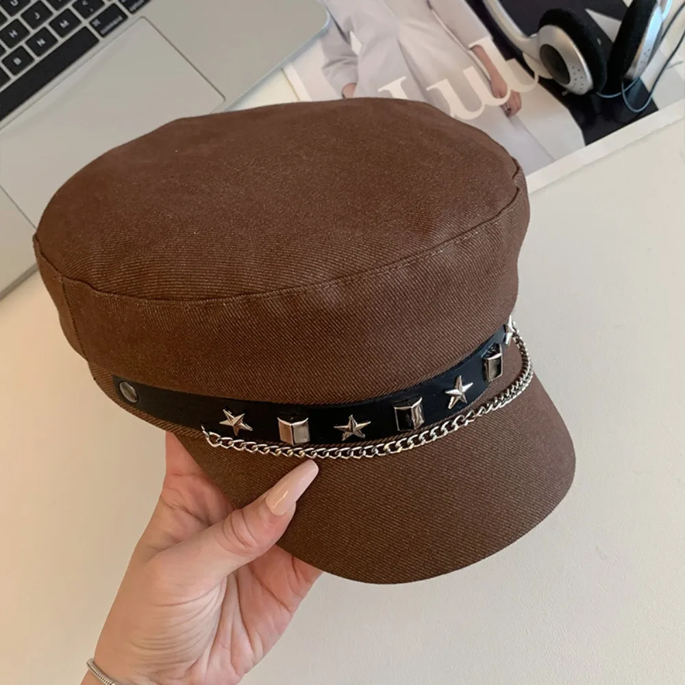 

Personality Cloth Rivet Denim Beret Korean Style Newsboy Cap Denim Octagonal Hat British Style Cotton Retro Painter Hat Autumn