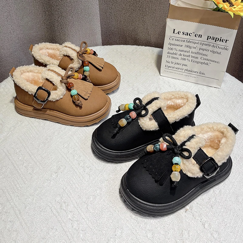 

Kids Flat Shoes Suede Warm Children Casual Shoes with Sweet Tassels 2025 Winter New Girls Fashion Shoes Round Toes Soft Non-slip