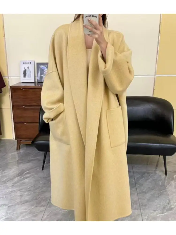 

Lady's Bathrobe Style Lazy Long Woolen Jackets 2025 Autumn Winter Lapel Loose Elegant Lace-Up Women's X-Long 100% Wool Coats