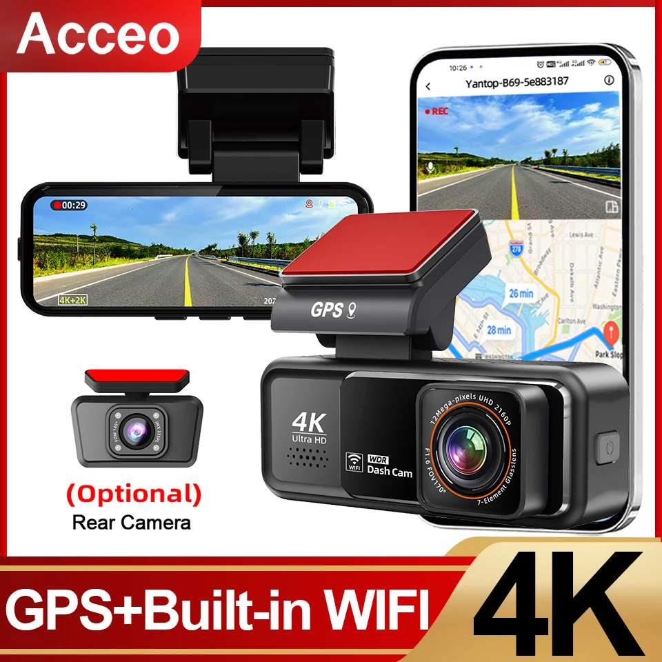 4K Dash Cam Built-in WiFi GPS HD Night Vision Driving Recorder Loop Recording Support APP Control 24H Parking Monitoring