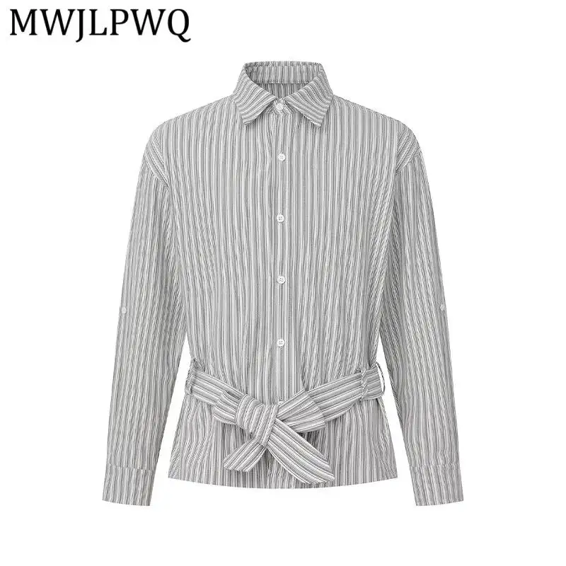 MWJLPWQ Collared Fine Stripe Shirt Waist Tie Adjust Sleeves Button Placket Loose Cut Unisex Smart Casual Street Daily Tops 17246